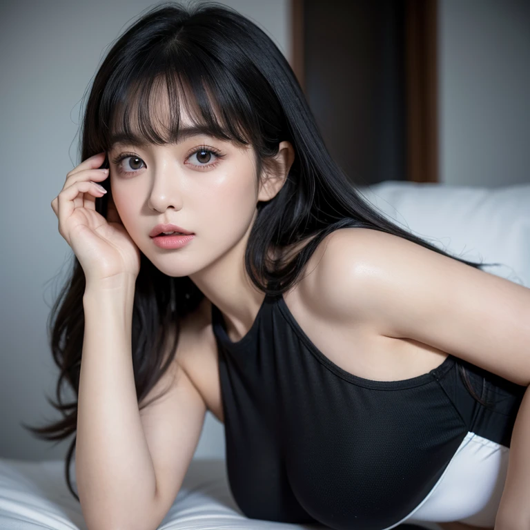 (highest quality, 8k, 32k), masterpiece,(ultra high resolution,realistic:1.4,RAWphotograph), (Super detailed,caustics),セクシーなphotograph,1girl, big breasts, big breasts, cute korean girl, K-POPアイドル, Japanese, black hair, bangs, long hair (long hair: 1.4), Beautiful eyes in detail, long eyelashes, narrow eyes, elongated eye shape, beautiful fingers, beautiful hands, fingertip, nail, arms behind back, ((Euphoric look:1.3))、wearing a white bandeau, wearing a mini skirt, wearing a thong, big breastsの女の子, beautiful lips, Woman sitting on bed with legs apart,((Euphoric look))、((orgasm:1.2))、mouth open, raise your chin:1.8, beautiful and detailed eyes, beautifully detailed nose, highly detailed skin ,  cute face, beautiful and detailed eyes, beautifully detailed nose, highly detailed skin, Hair is moving, sophisticated gravure idol, I&#39;m in a hotel in LA, I&#39;m in a modern, stylish hotel., I&#39;m on a big sofa, looking at the camera, random pose, Supermodel, beautiful face, detailed body, perfect eyes, perfect face hdr, Photoreal, photograph, highest quality, Bokeh, NSFW,