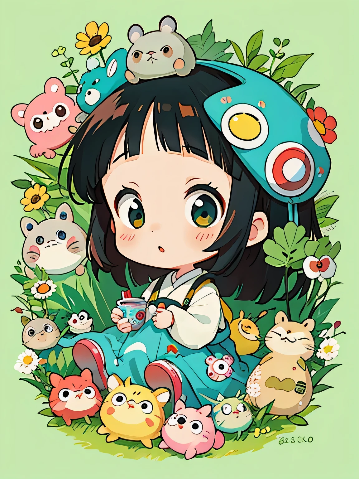 Takashi Murakami style, Kawaii Design, The most beautiful girl of all time、Chibi, lots of friends、play together、Totoro Forest