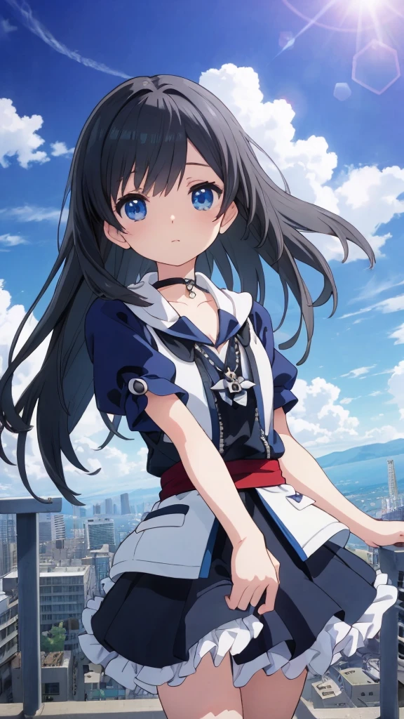 absurderes, hight resolution, (Anime style:1.1), ((masutepiece)), ((Best Quality)), (Ultra-detailed), (Beautiful), solo, Beautiful face、(liftup)、Cute  looking at the view from the top of a skyscraper that is closer to the atmosphere,Wind,((Thin black colorful long hair)),, Blue Eyes,Lens Flare,Dramatic,Detailed Ancient City、Skirt fluttering in the wind、Clouds below looking down、(Don't look here:1.4),((Kingdom hearts4)),((Shibuya))1.5,