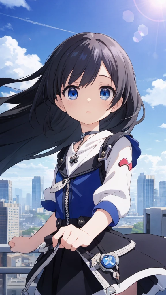 absurderes, hight resolution, (Anime style:1.1), ((masutepiece)), ((Best Quality)), (Ultra-detailed), (Beautiful), solo, Beautiful face、(liftup)、Cute looking at the view from the top of a skyscraper that is closer to the atmosphere,Wind,((Thin black colorful long hair)),, Blue Eyes,Lens Flare,Dramatic,Detailed Ancient City、Skirt fluttering in the wind、Clouds below looking down、(Don't look here:1.4),((Kingdom hearts4)),((Shibuya))1.5,
