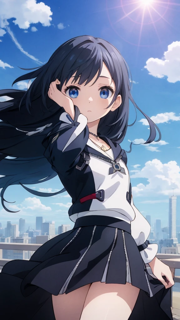 Absurd, High resolution, (Anime Style:1.1), ((Tabletop)), ((highest quality)), (Very detailed), (beautiful), alone, beautiful face、(lift)、The view from the top of a skyscraper close to the atmosphere is lovely.,Wind,((Thin black colorful long hair)),, blue eyes,Lens flare,dramatic,Detailed Ancient City、A skirt fluttering in the wind、Clouds looking down、(Finely fluttering black here:1.4),((Kingdom Hearts 4)),((Shibuya Ward))1.5,