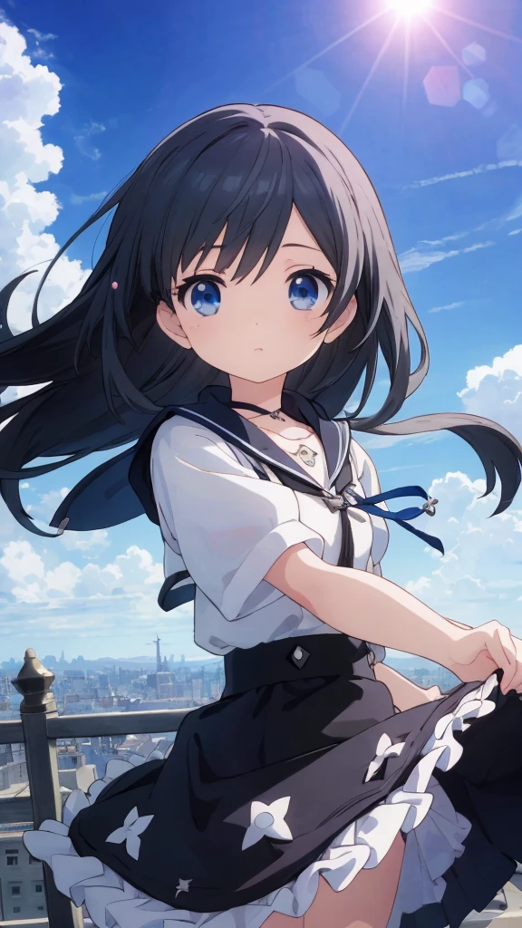 absurderes, hight resolution, (Anime style:1.1), ((masutepiece)), ((Best Quality)), (Ultra-detailed), (Beautiful), solo, Beautiful face、(liftup)、Cute looking at the view from the top of a skyscraper that is closer to the atmosphere,Wind,((Thin black colorful long hair)),, Blue Eyes,Lens Flare,Dramatic,Detailed Ancient City、Skirt fluttering in the wind、Clouds below looking down、(Don't look here:1.4),((Kingdom hearts4)),((Shibuya))1.5,