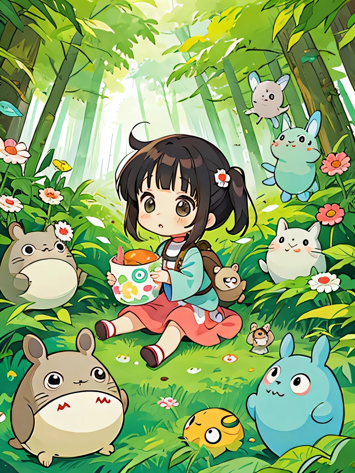 Takashi Murakami style, Kawaii Design, The most beautiful girl of all time、Chibi, lots of friends、play together、Totoro Forest
