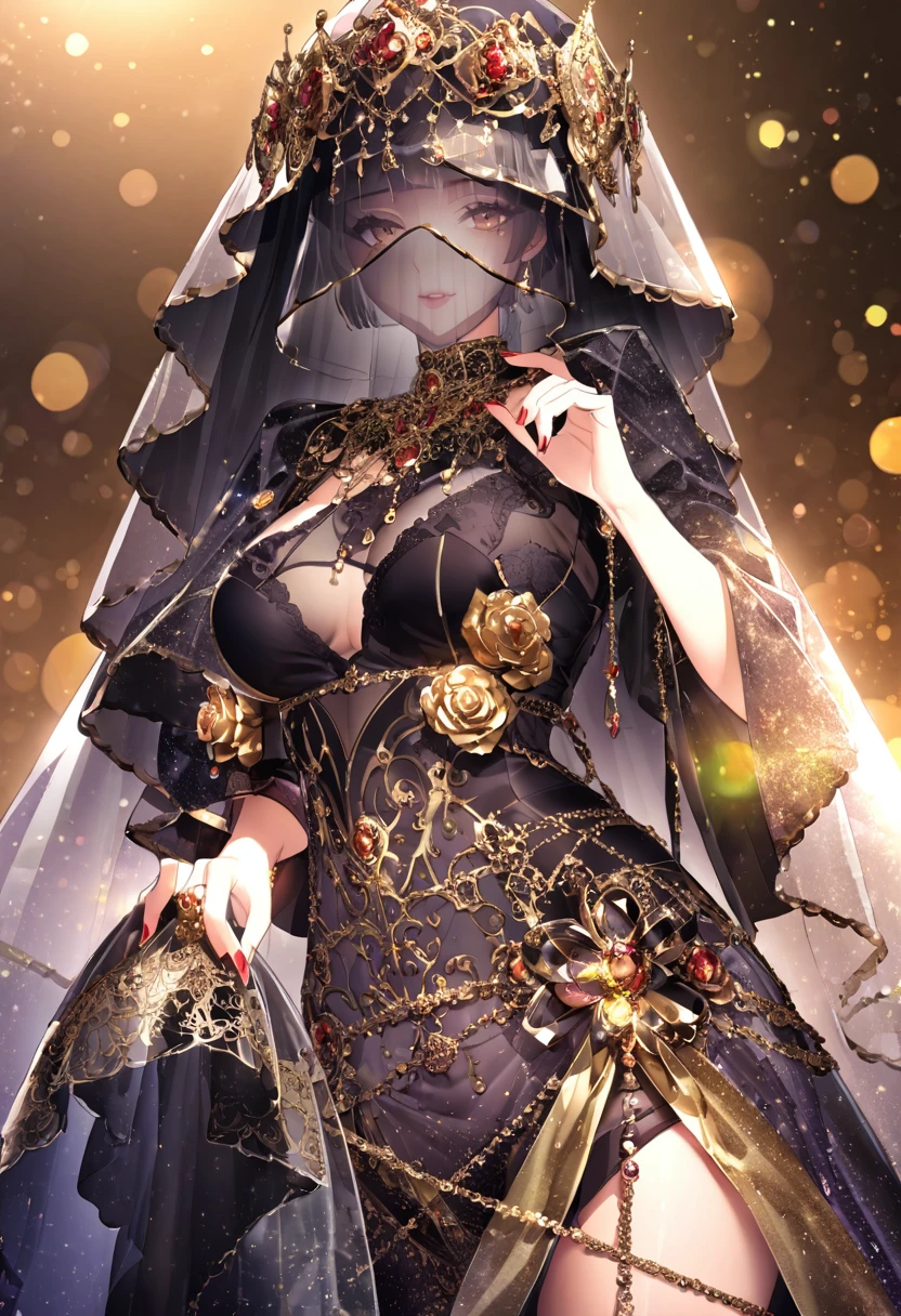 detailed: With great care描かれた流れるような巻き毛、(Translucent and intricately embroidered) Supermodel covering her face with a lace face veil、(mouth is hidden)、Wearing avant-garde, futuristic fashion、Luxurious and intricate gold accents、photo shoot、Exquisitely crafted、Created、With great care、Magnificently and、最高レベルのdetailed、Very impressive、With a blurred effect、Professional photos。