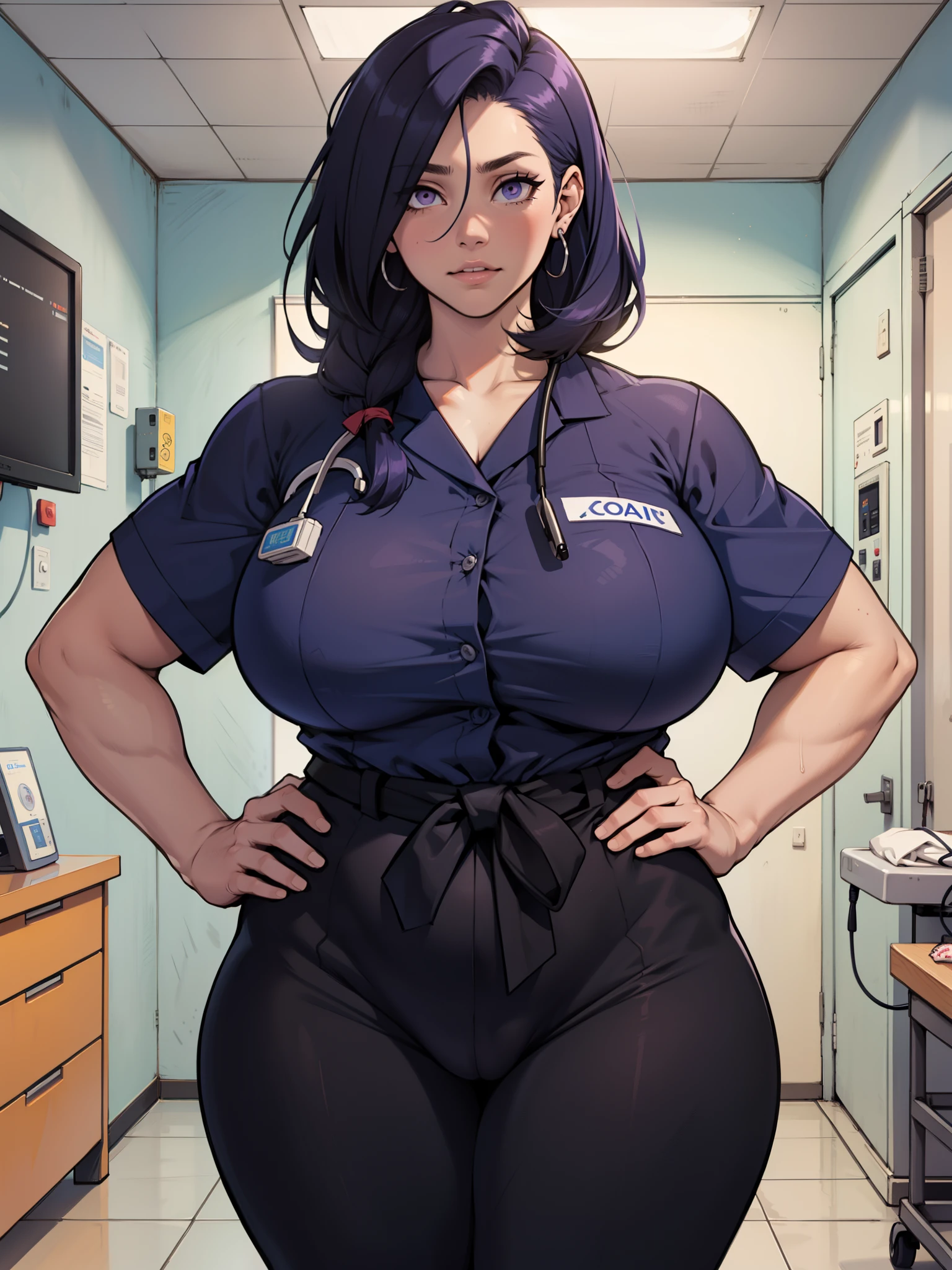 fat woman, olhos azuis detalhados sozinhos, roupa de hospital ((garota musculosa)) corpo tonificado seios enormes olhos azuis cabelo roxo longo raspado pele clara, roupa de paciente hospitalar, corpo inteiro, detalhado 4k, huge tits, olhar sedutor, roupa de mergulho, sem fundo, gorda, hospital