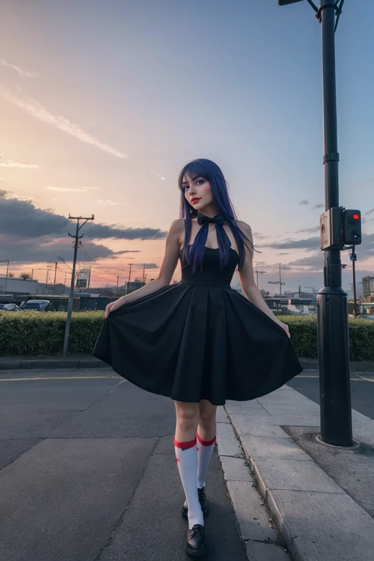 (masterpiece), best quality, fit but meaty, woman in her 30's, frederica bernkastel, dress, tail bow, purple hair, bowtie, cat tail, socks, (crazy eyes:1.2), (troll face), (flying), (candy:1.4), sky, outside, red sky, milky way, stunningly beautiful, cyberpunk, photorrealistic, standing position, very detailed woman, 32k photography, perfect body, long hair, 