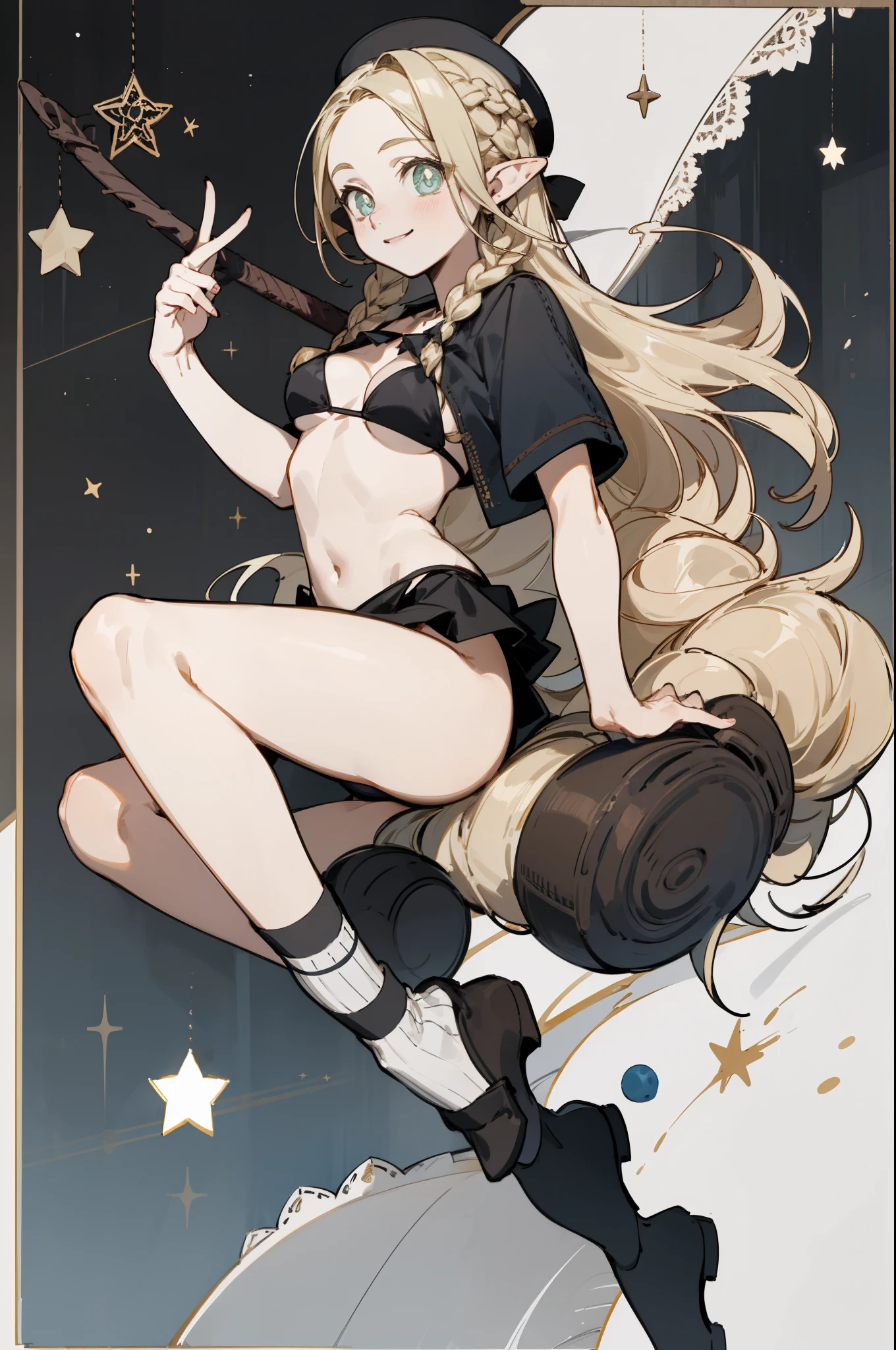 Wearing a black bikini、Wearing a hat and a sword, Wearing headphones,(masterpiece, best quality) detailed,silver accessories , Blonde ,elegant, Pointed ears ，Black shirt，Black pleated skirt，Double tail，Waist-length hair，Smile，Star decoration，Lace lace socks