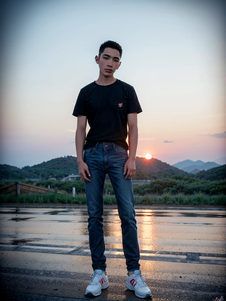 Sunset, Twilight, Long distance view, Realistic, various colors, Colorful, Wide angle lens, Night Shooting, positive, Natural Style, HDR Shooting, Handsome young Indonesian man, short hair a bit thin, wearing a flannel shirt with an embroidered name "DOEL" on the top left, blue jeans with pocket cargo, sneakers, cool pose,