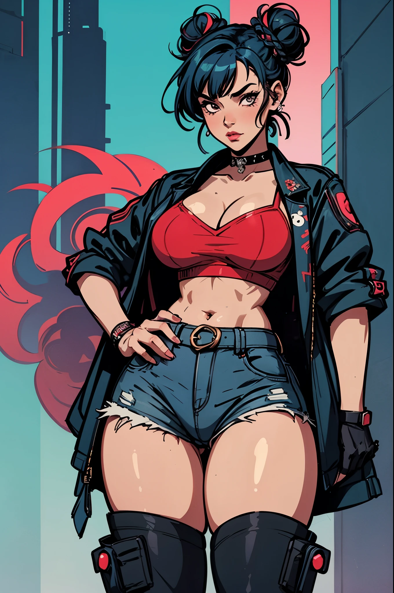 kyotopunk, cyberpunk, anime style, 1girl, woman, punk bad girl, cameltoe, [:wild, seductive costume design,:0.2], bombshell punk hair, neon sunset hair, U-cut, denim skirt, bombshell hair, neon crimson hair, french braids,Tri-Braided Bun, thick thighs, narrow waist, japanese