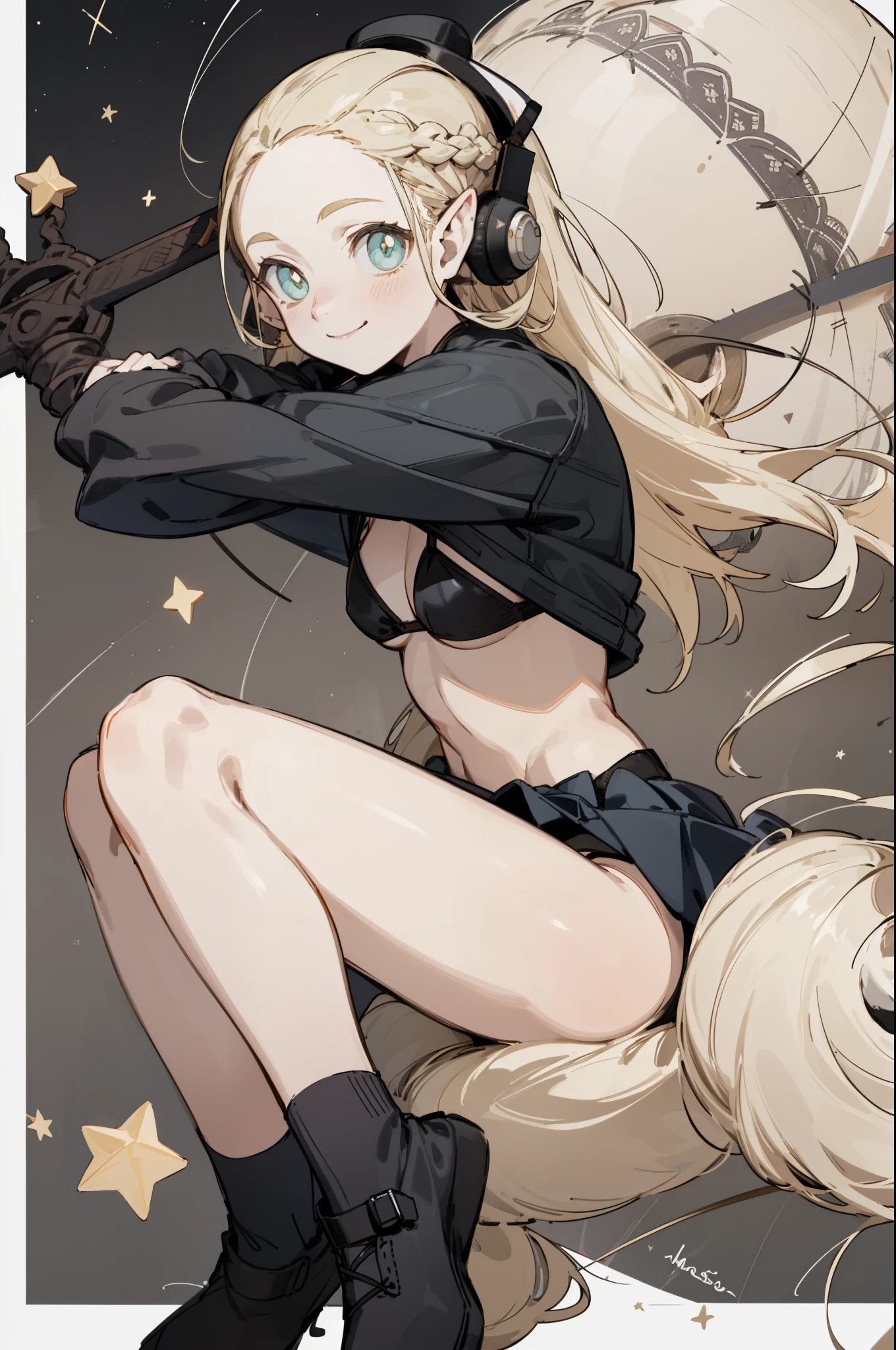 Wearing a black bikini、Wearing a hat and a sword, Wearing headphones,(masterpiece, best quality) detailed,silver accessories , Blonde ,elegant, Pointed ears ,Black shirt,Black pleated skirt,Double tail,Waist-length hair,Smile,Star decoration,Lace lace socks