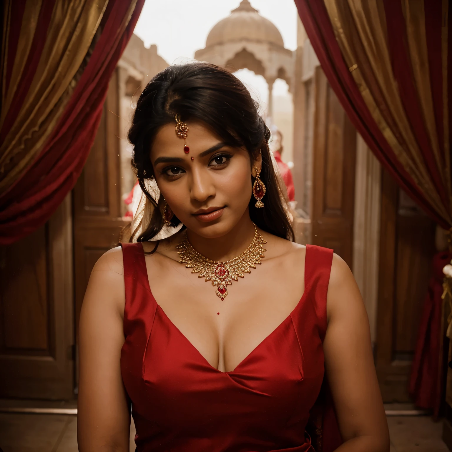 Indian bride in red dress, heavy jewellery, decorated background, shy