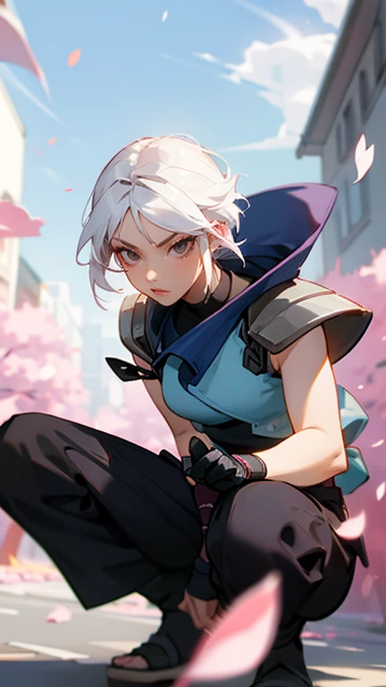 in a cool pose on the street with cherry petals, fluttering in the wind, 1girl,jett,asian face,white hair,short hair,black gloves, shoulder pads, black pants, cropped sleeveless jacket,aserious expression,crouched, (ninja pose),dinamic pose,kunai knife,holding a kunai,wind effect,strong wind aroud body