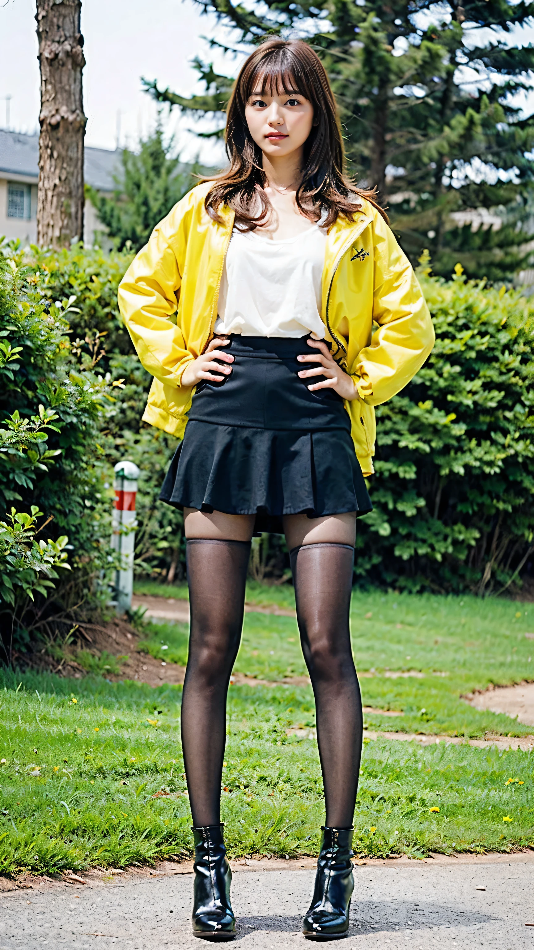 (8k、RAW Photos、highest quality、masterpiece:1.2)、(Realistic、Realistic)、1 girl、((See-through jacket、Black Mini Skirt、Big Breasts、boots、I can see your chest、View from the front、Stand with hands on hips、in the forest))、