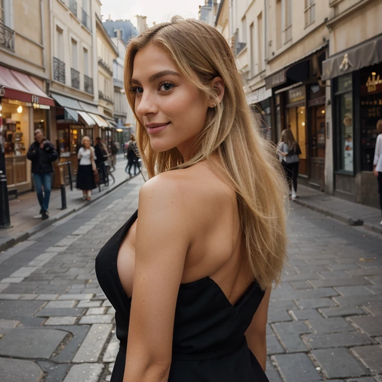 gorgeous blonde, very chic and elegant, with a very pronounced neckline, long hair, in the streets of Paris, very realistic decor, 4k, very detailed.