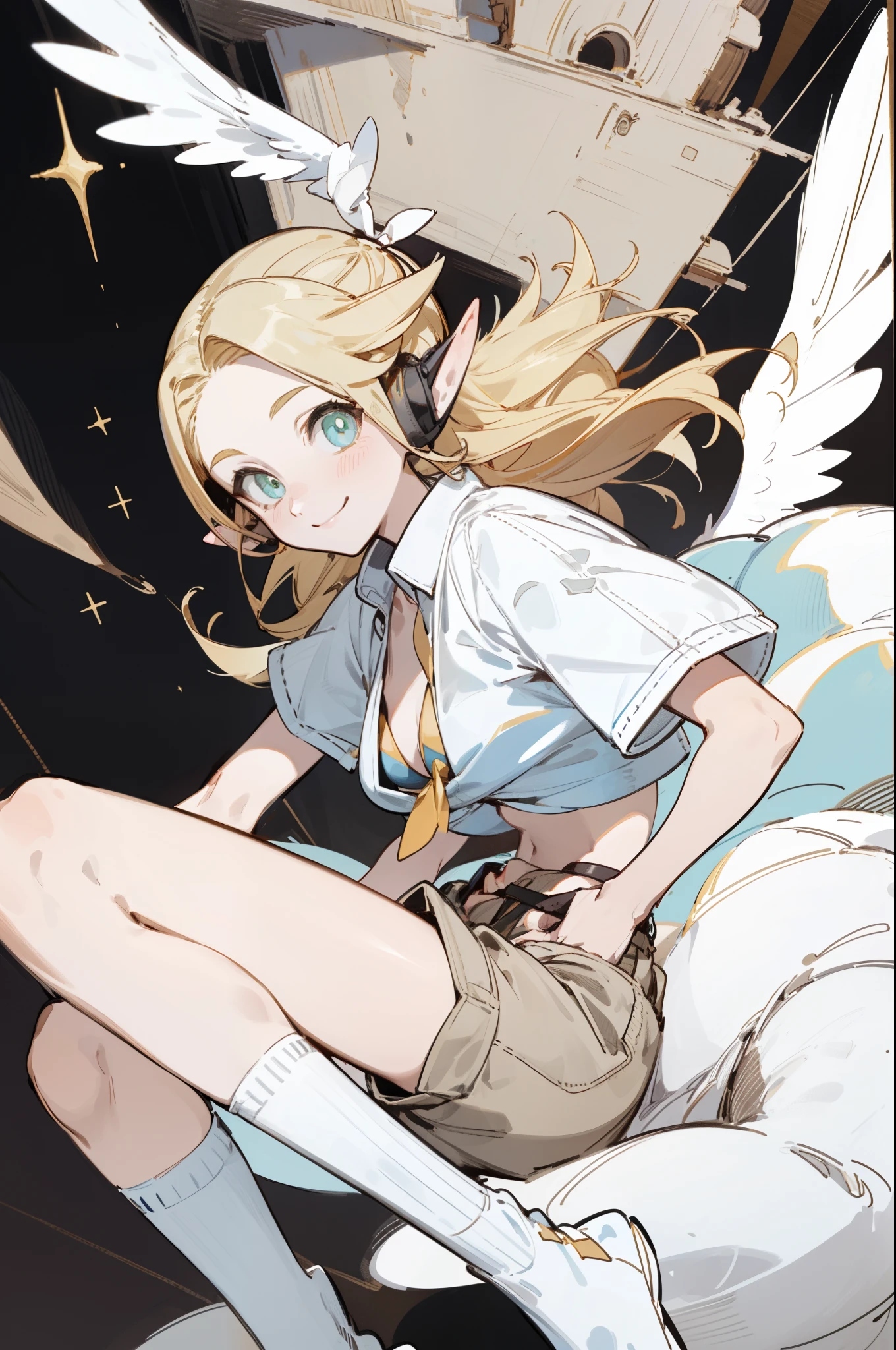 Wearing a bikini、Wearing a hat and a sword, Wearing headphones,(masterpiece, best quality) detailed,silver accessories , Blonde ,elegant, Pointed ears ，White shirt，shorts，Double tail，Waist-length hair，Smile，Star decoration，White lace socks，Angel