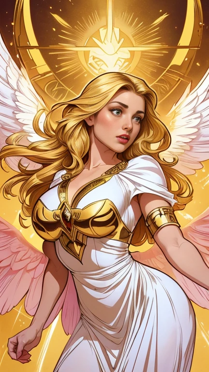 (best quality:1.2,comics art:1.1,vivid colors,beautiful vintage angel warrior woman with big open wings:1.1),determined face expression,corpo de frente para o observador, empunhando uma espada, alphonse mucha style,Intricate flowery background,vivid colors,warm tone,soft lighting)