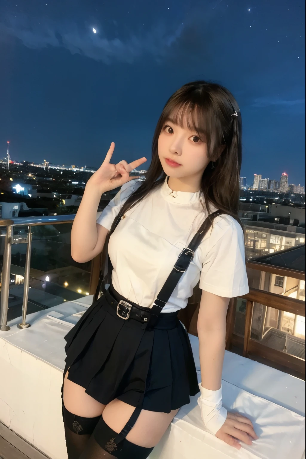 ((Midnight, highest quality, 8k, masterpiece :1.3)), whole body, Long legs, Sharp focus :1.2, Beautiful woman with perfect figure :1.4, Slim Abs :1.1, ((Dark brown hair, Big Breasts :1.2)), (White tight T-shirt, Jean Bib, Are standing:1.2), ((Night city view, rooftop:1.3)), Very detailedな顔と肌の質感, Fine grain, Double eyelids one girl,highest quality,masterpiece,figure,Very delicate and beautiful,CG,Unity,8k wallpaper,wonderful,In detail,masterpiece,Official Art,Very detailed CG Unity 8k wallpaper,Incredibly absurd,Large file size,Very detailedな,High resolution,Very detailed,Beautiful detailed girl,Realistic,from the front,Outdoor, suspenders Large swollen breasts Black mini skirt garter belt Knee-high socks bangs Beauty Hands up Black boots one person Dress shirt Hands Behind Back put your hands behind your back With your hands behind your back Armament holster A room at the Belt Hotel Bed Wall side