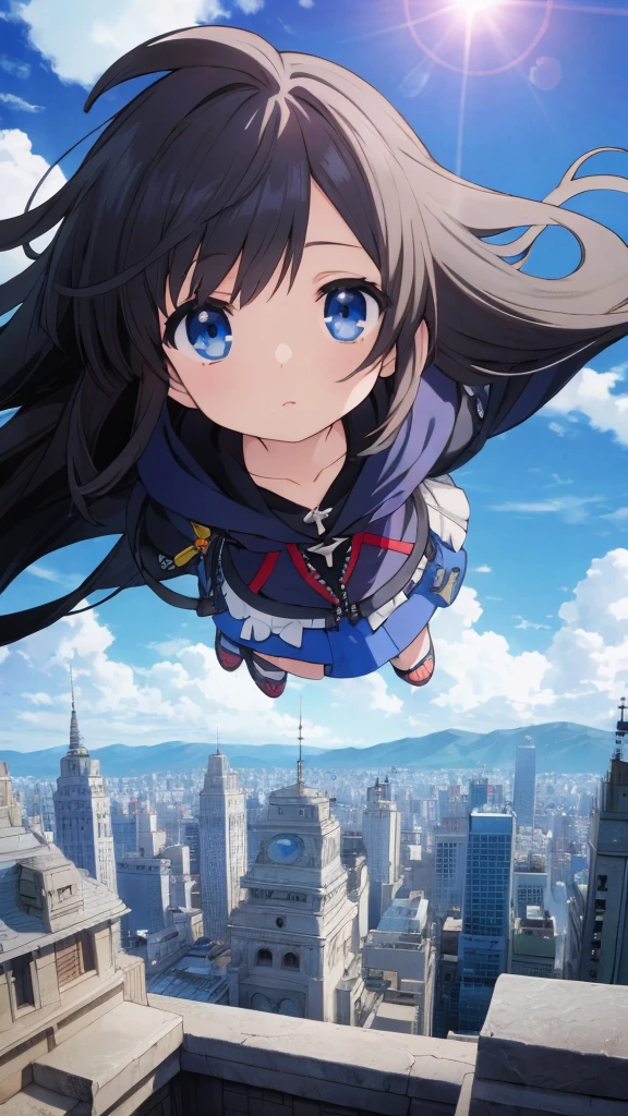 absurderes, hight resolution, (Anime style:1.1), ((masutepiece)), ((Best Quality)), (Ultra-detailed), (Beautiful), solo, Beautiful face、(liftup)、Cute looking at the view from the top of a skyscraper that is closer to the atmosphere,Wind,((Thin black colorful long hair)),, Blue Eyes,Lens Flare,Dramatic,Detailed Ancient City、Skirt fluttering in the wind、Clouds below looking down、(Don't look here:1.4),((Kingdom hearts4)),((Shibuya))1.5,