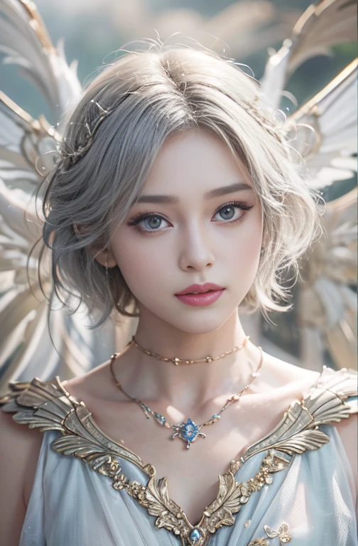 (masterpiece:1.3), (8k, Photorealistic, Raw photo, Best image quality: 1.4), Fair-skinned fairy woman、Long Haircut、Cleavage:2.0、Super detailed face、Attention to detail、double eyelid、Put your chest together、Sharp focus:1.2、Beautiful woman:1.4、Silvery white hair、highest quality、masterpiece、超A high resolution、(Photorealistic:1.4)、Highly detailed and professionally lit smile、Loose, light, Ancient Greek clothing、Shoulder out、thin、Serious expression、Short-haired、Deadly position, gorgeous necklace , one person、whole body, Enormous wings from the latissimus dorsi、Above the Clouds