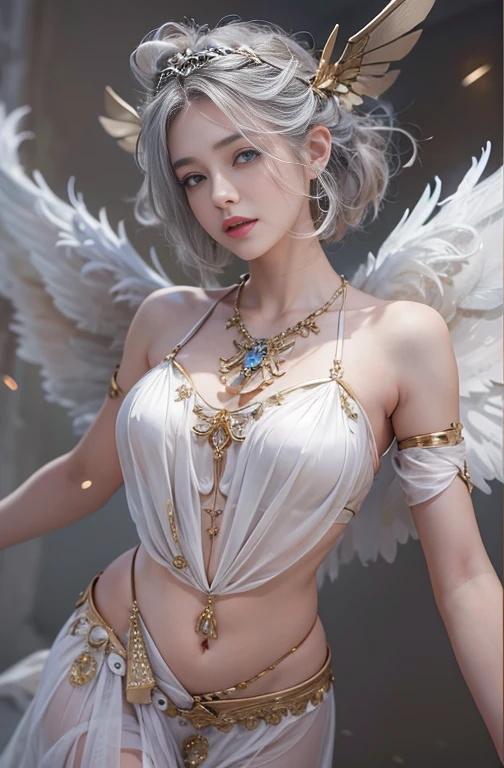 (masterpiece:1.3), (8k, Photorealistic, Raw photo, Best image quality: 1.4), Fair-skinned fairy woman、Long Haircut、Cleavage:2.0、Super detailed face、Attention to detail、double eyelid、Put your chest together、Sharp focus:1.2、Beautiful woman:1.4、Silvery white hair、highest quality、masterpiece、超A high resolution、(Photorealistic:1.4)、Highly detailed and professionally lit smile、Loose, light, Ancient Greek clothing、Shoulder out、thin、Serious expression、Short-haired、Deadly position, gorgeous necklace , one person、whole body, Enormous wings from the latissimus dorsi、Above the Clouds