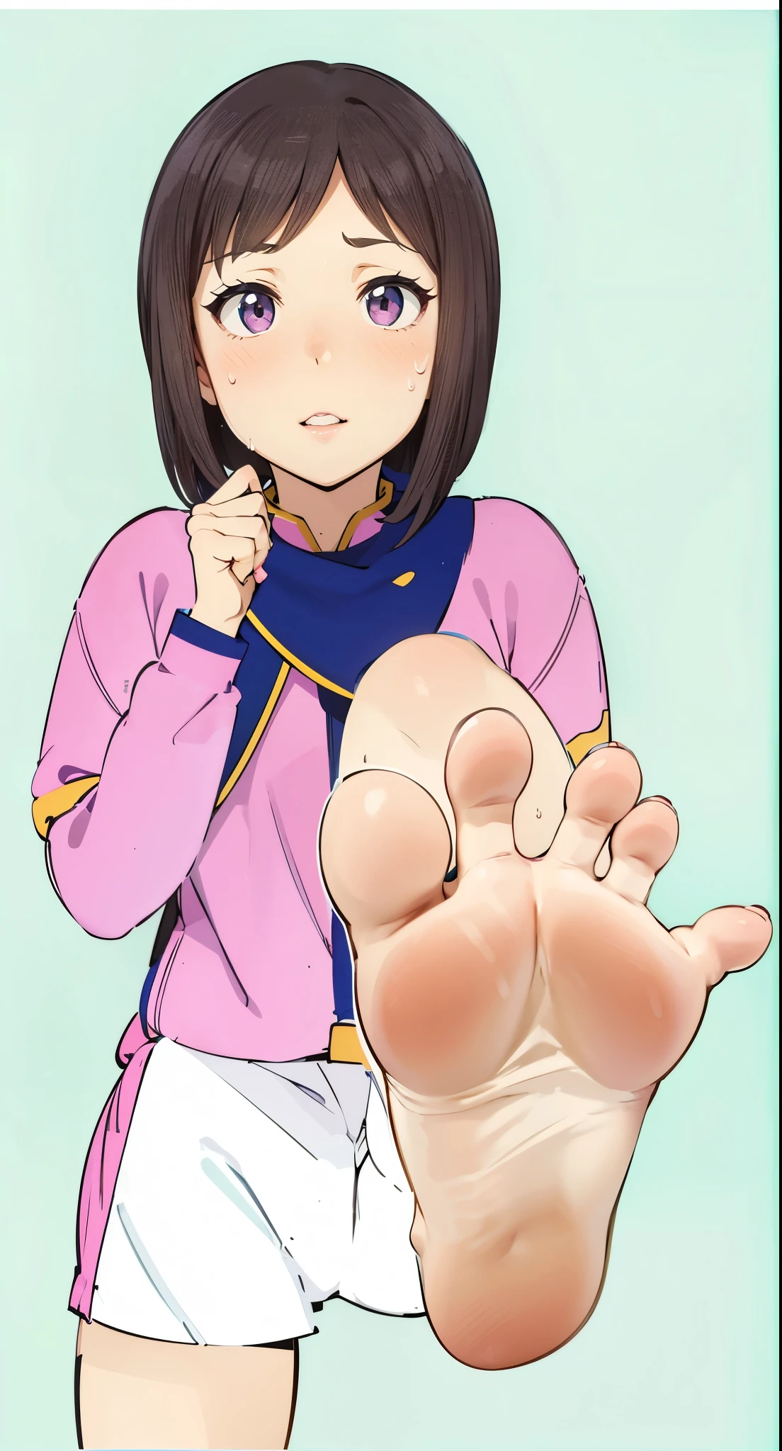 Anime girl sitting on a chair with Big Feet and pink shirt, Huge Art, Foot Art POV, Detailed feet POV, Big Feet, Foot pose, Tifa, foot art, !!Very detailed!!, Her slender legs will amaze you.., Naughty anime style, High Sole, High Resolution Rate、barefoot、only、Sweaty feet, mashin sentai kiramager, sayo_ooharu, Kiramei Pink