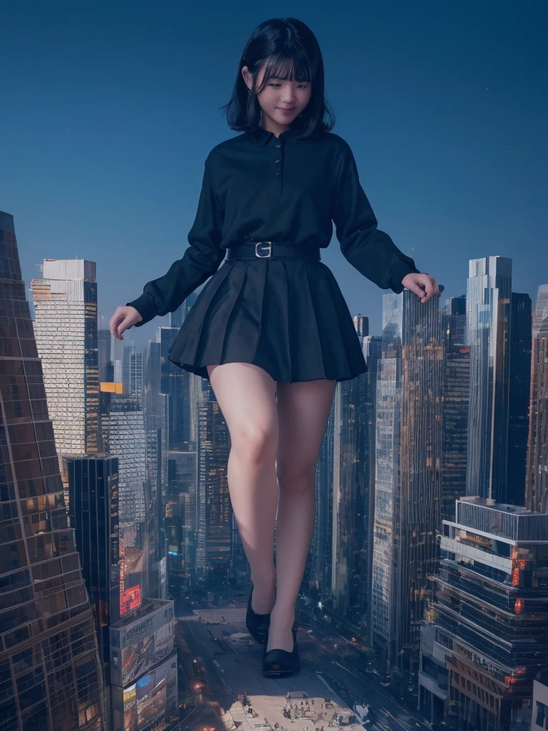（Giantess Elementake the city tiny、High resolution、high resolution、High quality、Accurate body structure、Detailed body）Height 50,000 Foot Giantess、Tiny Town、high school girl、White shirt、Checked Skirt、ribbon、Glowing Skin、Giant Woman、smile、sunset、Trampling、Anatomically correct、Accurate human body、Accurate skeleton、Full body portrait、Bob Hair、Black Hair、Red eyes、Great impact、Epic、Giantess Elements、Draw a woman in a big way、Increase the destructive element、Tiny Town、beautiful elements