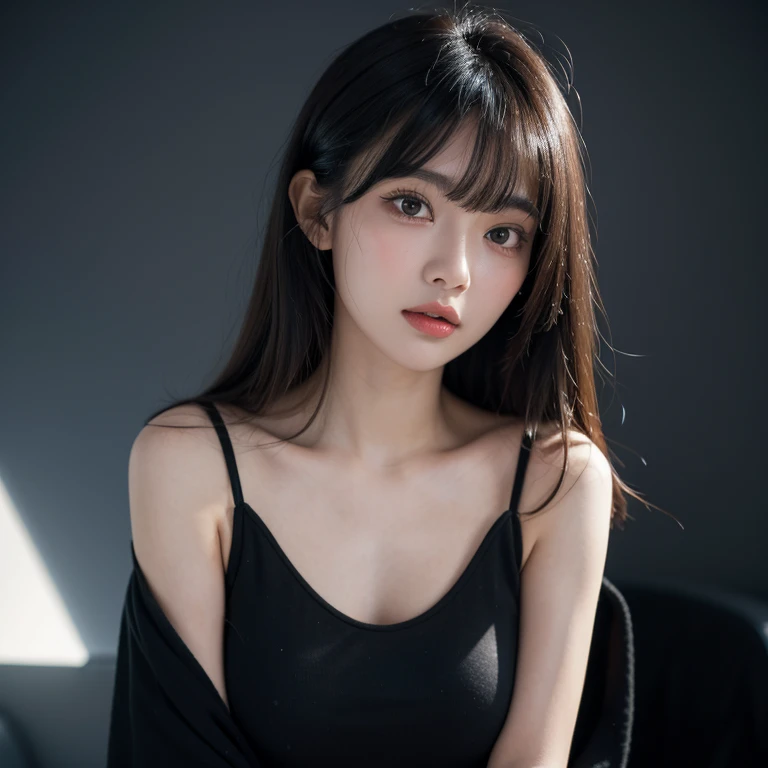 Highest quality,26 years old,woman,blunt bangs,Black Hair,Soft wavy hairstyle,With big eyes、Deep blue,Bright、Has a lively expression,Healthy and bright skin tone,Small mouth,Thick lips,flom below,whole body,Big Breasts,The thighs are a little thicker,Looking at the camera,Cinema Lighting,No eye shadow needed,Wearing oversized men's shirts,The chest area is wide open,