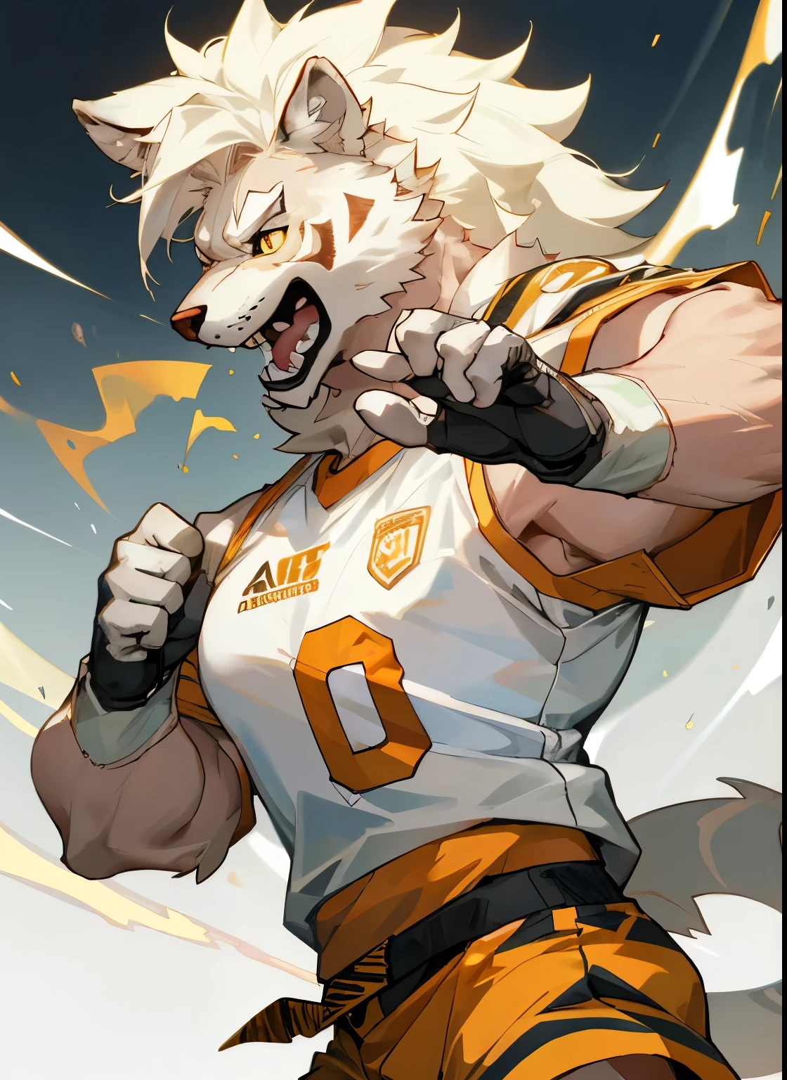 Reference table: 1.2),, muscle发达, Yellow eyes, Playing football with white hair, White body, sleeveless jacket, t-shirt, Dress neatly, Ultra-clear screen, Soft lines，Solitary，furry，White Tiger，Fantasy Creatures，hairy，muscle，Male focus，Gold sclera, Tiger Tail, Color frenzy，Highlight the details, 4K, Empty, Five fingers,Meat pad paws，Solitary, White shirt, Smile, open mouth, Gloves, Football white socks，shorts，Football team uniforms，Sweating，Stadium background, Adolescent teenager，Innocent sunshine