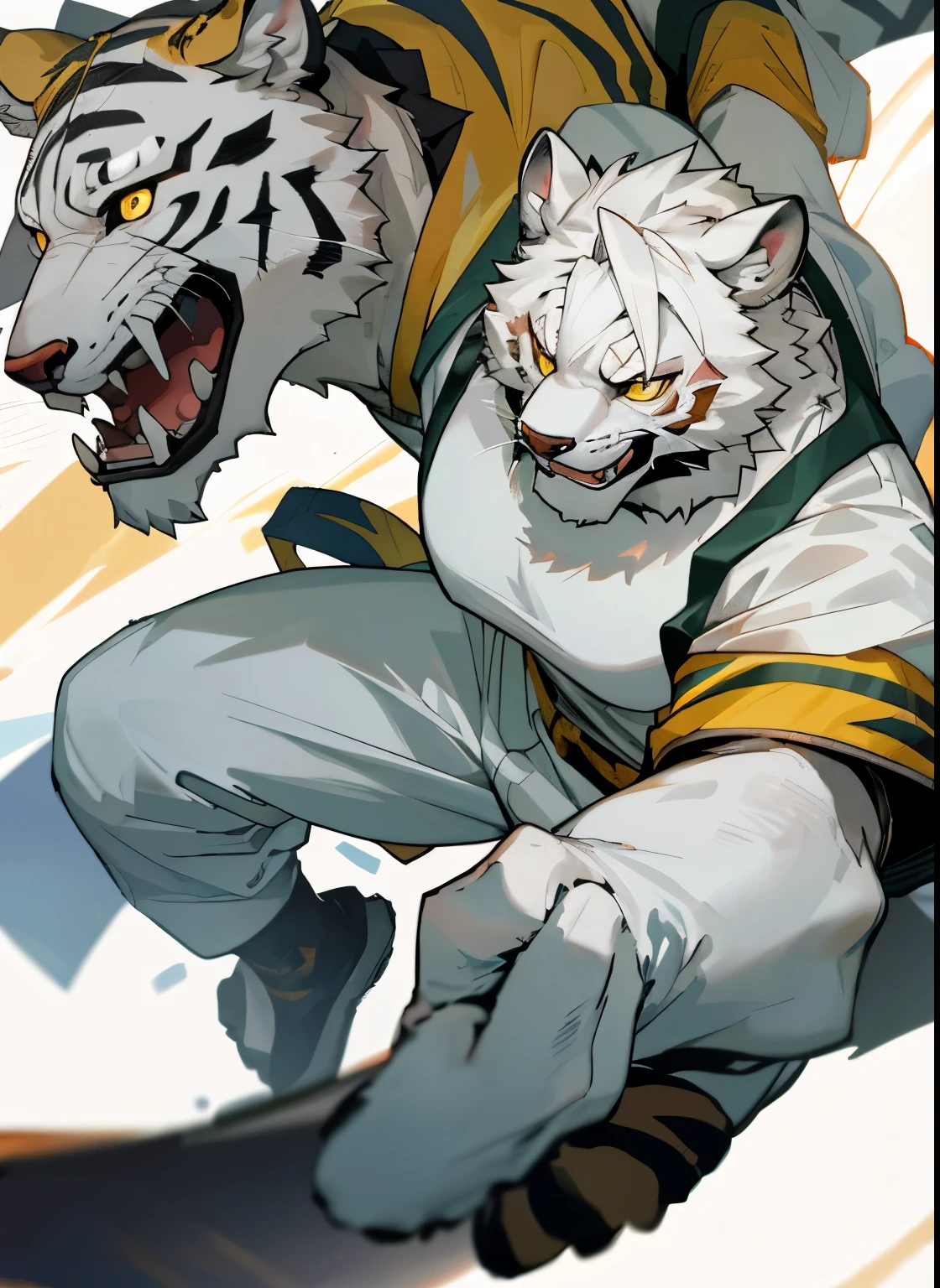 Reference table: 1.2),, muscle发达, Yellow eyes, Playing football with white hair, White body, sleeveless jacket, t-shirt, Dress neatly, Ultra-clear screen, Soft lines，Solitary，furry，White Tiger，Fantasy Creatures，hairy，muscle，Male focus，Gold sclera, Tiger Tail, Color frenzy，Highlight the details, 4K, Empty, Five fingers,Meat pad paws，Solitary, White shirt, Smile, open mouth, Gloves, Football white socks，Sweating，Stadium background,  teenager，Innocent sunshine