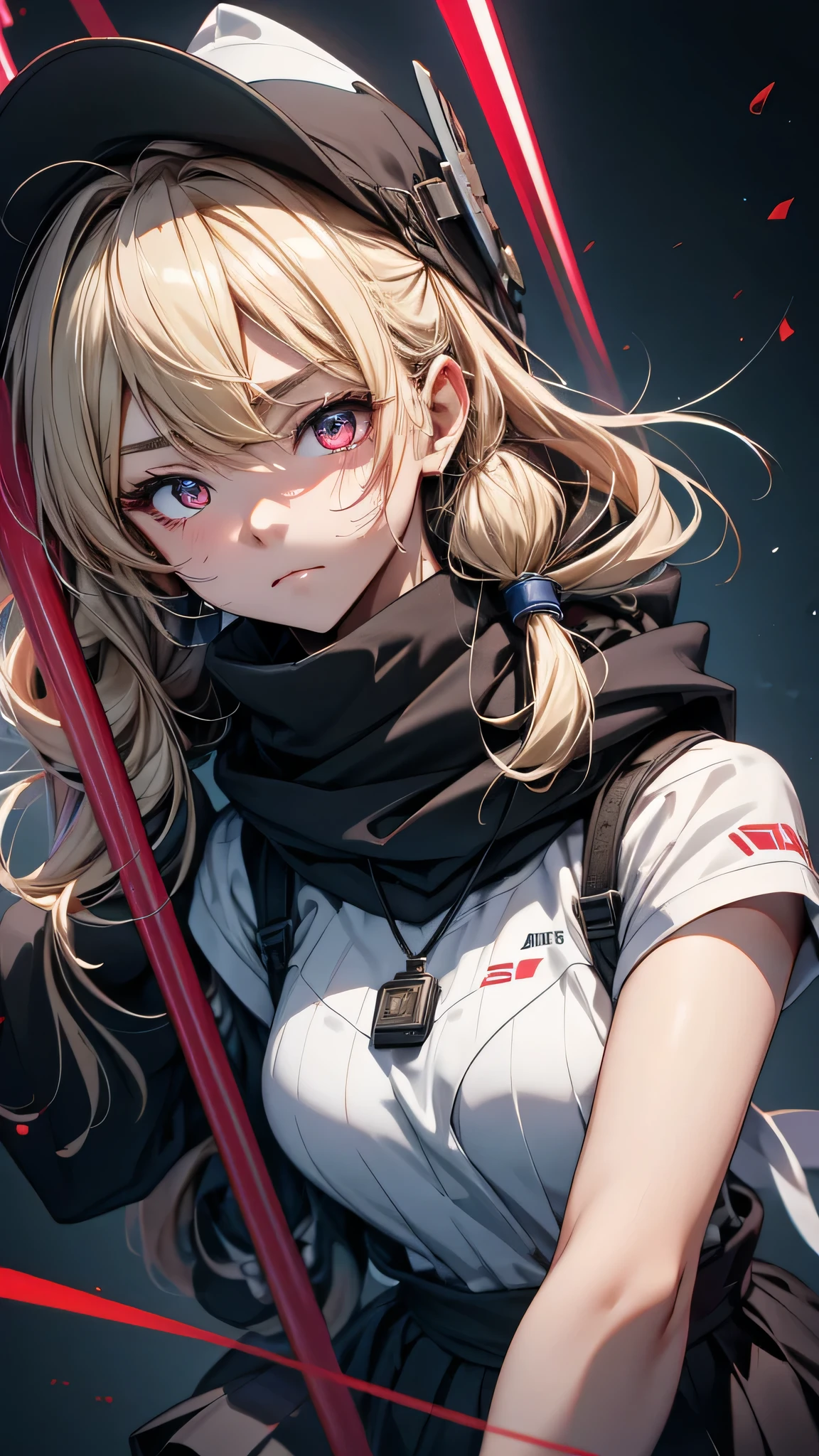 最high quality、Best image quality、masterpiece、girl((18-year-old、 By becoming、Best Bust、Medium Bust,Wide open breast tea、Red glowing eyes,Blonde、Disheveled Hair、Twin tails、thin,The highest valley、Open chest、Luminous Wristbands、hat、hair ornaments、luminous necklace、Black sleeveless hoodie(1:2)、Blue short skirt、Disheveled clothing、Show the whole body,Low - Angle、Hacker-like、sweating、lure、Black cute mask、Leaning against a wall、Black scarf、Holding a Japanese sword、Sad face、Chain Accessories、handcuffs)),high quality、Beautiful art、background((Black Room、Black Wall、Black furniture、Big black TV、Black PC))、Flight、Flying debris、Written boundary depth、movie、Visual Arts、Perfect art、8K,Genuine,