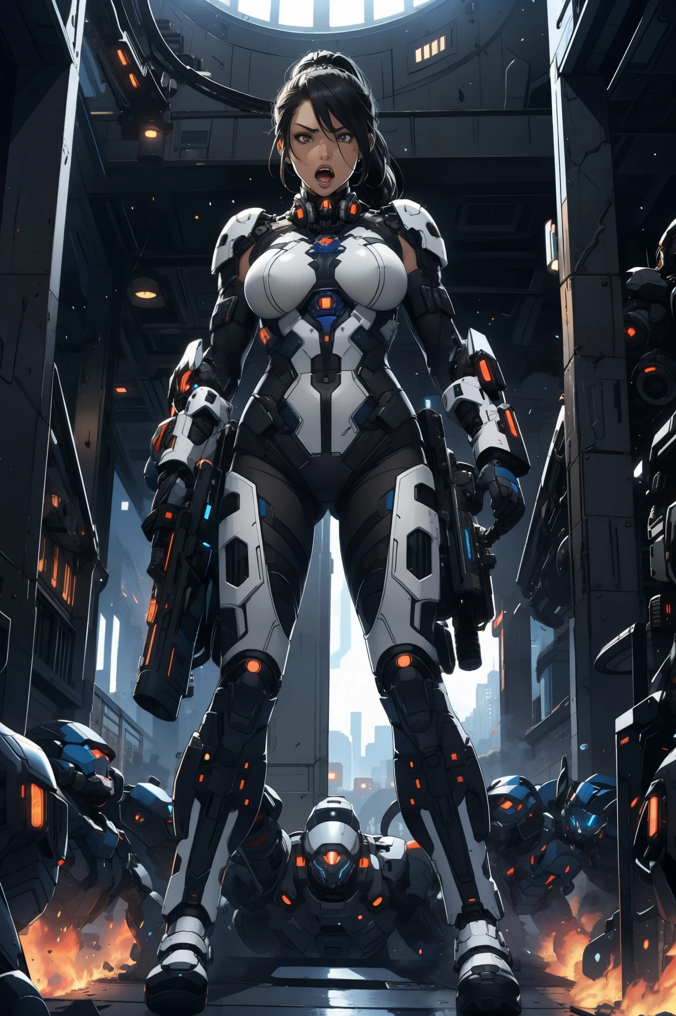 1 girl, black long hair ponytail, huge breast, mecha suit black color  full armor, angry, tense, pressure, holding heavy assault weapon, standing , at the centre of city, front view, looking to the viewer,  mouth open wide, fullbody shot, 