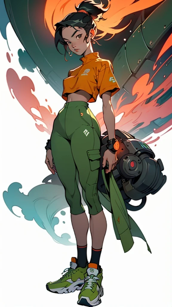 digital art-gem anime art, acid-green sneakers, fire!! full body, panoramic close-up centered view of girl, inspired by Russell Dongjun Lu, beautiful painting of a tall, orange neon, towering, 