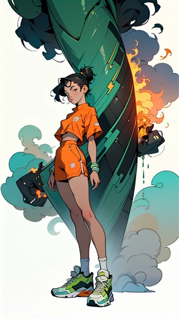 digital art-gem anime art, acid-green sneakers, fire!! full body, panoramic close-up centered view of girl, inspired by Russell Dongjun Lu, beautiful painting of a tall, orange neon, towering, 