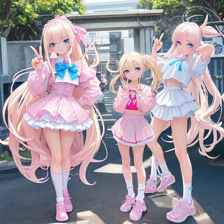 beautiful, (masterpiece:1.2), (best quality:1.2), Beautiful 10-year-old white girl with blue eyes, long swept-back straight blond hair, Happy and posing with peace signs, Pink and white frilly miniskirt, pink shirt, pink socks, white sneakers, California City background, daylight,