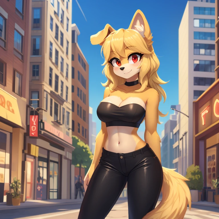 mobian female (golden retriever), ((masterpiece)), cute, attractive, ( wearing a strapless crop top:1.3), (wearing a black pants:1.5), medium breasts, cleavage, (correct proportions), (royal golden body fur:1.5), ( golden belly fur:1.1), (hair (royal golden color)):1.5, medium fluffy hair, (crystal red eyes):1.3, (dog tail):1.2, (dog ears):1.2, (city:1.5)