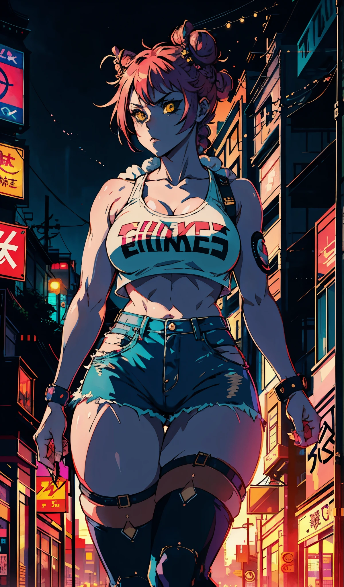 kyotopunk, cyberpunk, anime style, 1girl, woman, punk bad girl, cameltoe, [:wild, seductive costume design,:0.2], bombshell punk hair, neon sunset hair, U-cut, denim skirt, bombshell hair, neon crimson hair, french braids,Tri-Braided Bun, thick thighs, narrow waist, japanese