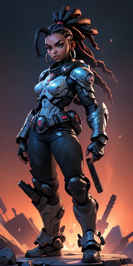 best quality, Ultra Detalhado, master part, 1 mulher negra nsfw de 18 anos, pele negra, Sci-Fi Fighter, Jogo de Gears of War, ((1 mulher negra de 18 anos, pele negra, cabelo dreadlock, rosto bonita, rosto bem desenhado, symmetrical face, detailed hands, well drawn hands, symmetric eyes, corpo esguio: 1.2, sci-fi soldier, usando armadura sci-fi, corpo esguio, corpo inteiro, peito pequeno)), dynamic pose, Pose de combate, motor ureal 5, 8k, drama ao vivo, apocalyptic cityscape, proporcional, symmetric, proportion Aurea, art-station, Velhaco, Dynamic Combat Pose