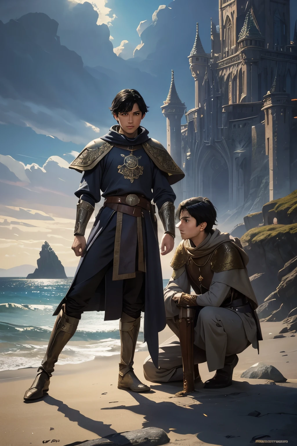 fantasy art by Moebius and Michael Vrubel, medium shot, teenage boy and girl, detailed face, short black hair, dynamic pose, cinematic, thin tan-skinned noble guard, grey wrapped medieval fantasy knee-length northern broadcloth jacket with a wide ornamented sash, northern seashore, granite rocks background, concept art, smooth, illustration