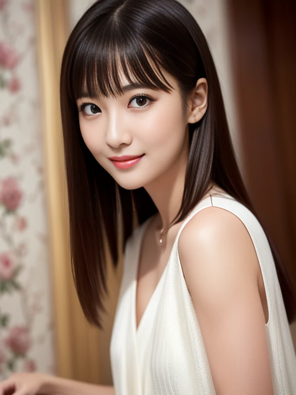 Beautiful woman in white dress, (masterpiece)、(highest quality:1.5)、(16kのwallpaper:1.2)、(Photorealistic:1.2)、(Ultra-detailed:1.2)、(超A high resolution:1.2),Healthy thighs、Narrow waist、Big ass、(Beautiful legs)、(Surreal), (figure), (High resolution), (Very detailed), (best figure), (Beautiful fine details),(Sharp focus), (Professional), (Realistic), (Post-processing), (maximum detail),Roughness, (highest quality), (Very detailed), (masterpiece), (wallpaper), (Detailed face),Beautiful realistic face,(Anatomically correct body)、((1 female:1.4))、Realistic far looking eyes、Realistic Skin、美しいBlack Hair、Super Beauty、(Small chest:1.4),Sharp focus:1.2,Pretty woman with perfect figure:1.4,The best smile、(from the front:1.5)、 Natural color lip,Black Hair、Even bangs,27 years old、Long hair or bob hair、Inside a Western castle、