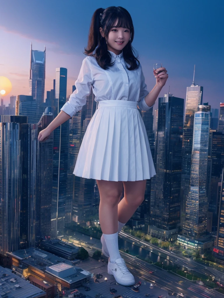 （Giantess Elementake the city tiny、High resolution、high resolution、High quality、Accurate body structure、Detailed body）Height 50,000 Foot Giantess、Tiny Town、high school girl、White shirt、Checked Skirt、ribbon、Glowing Skin、Giant Woman、smile、sunset、Trampling、Anatomically correct、Accurate human body、Accurate skeleton、Full body portrait、Bob Hair、Black Hair、Red eyes、Great impact、Epic、Giantess Elements、Draw a woman in a big way、Increase the destructive element、Tiny Town、beautiful elements、Woman with beautiful face