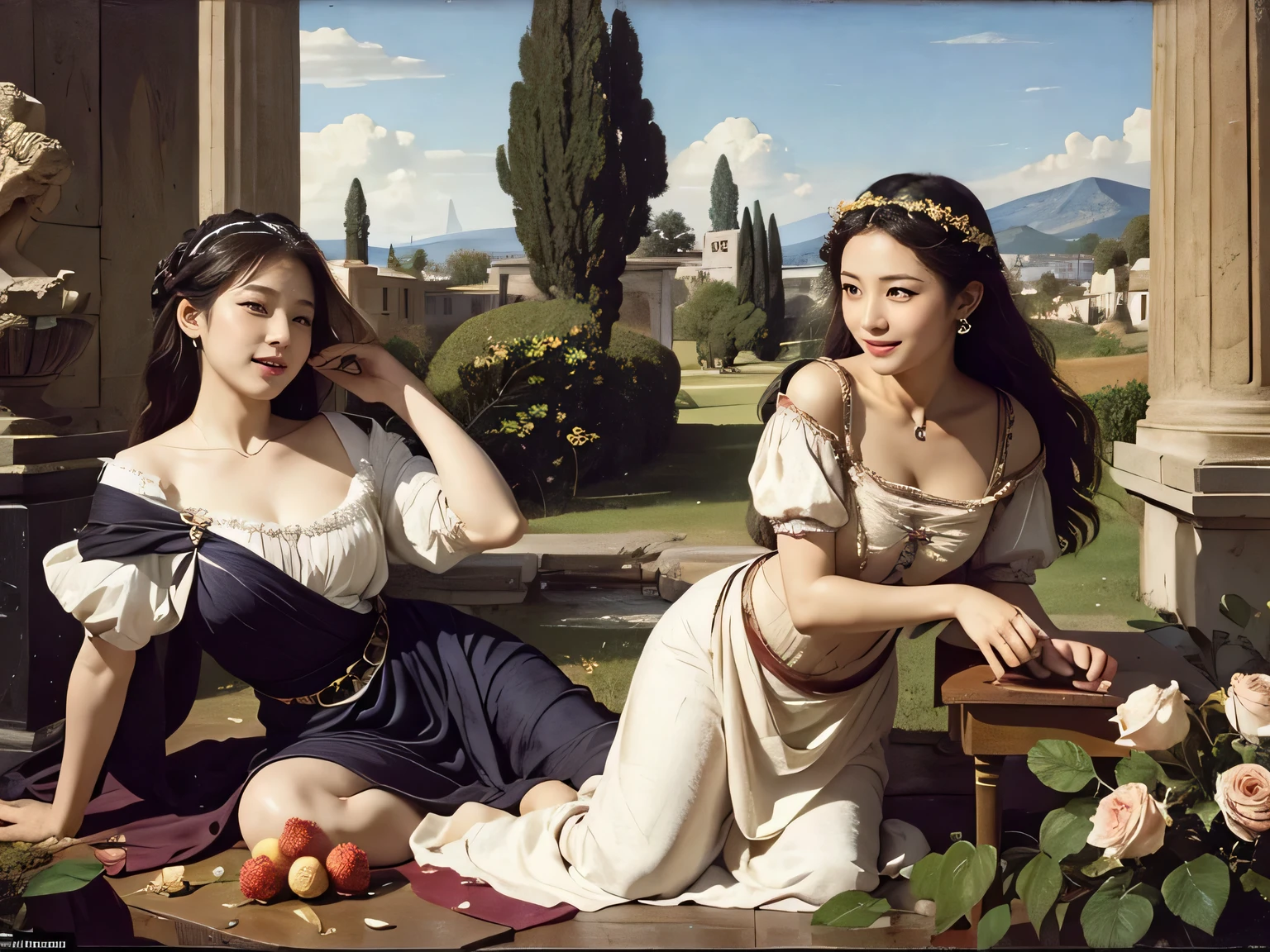 Giorgione painting style,Arguments of two female Philosophe,math、astronomical machine、astronaut、roses in vase、fruits、Cute trinkets、smile、ancient greek costume、Ancient Roman landscape in the style of Nicolas Poussin,laughter,,Sweet and seductive appearance.、Caravaggio's paintings、Chiaroscuro of Caravaggio、hair tousled by the wind,Two women frolicking,cute smile, expression of ecstasy,Sexy,erotic