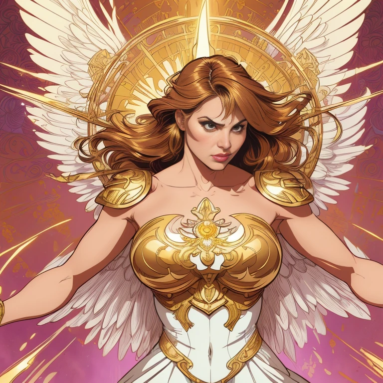 (best quality:1.2,comics art:1.1,vivid colors,beautiful vintage angel warrior woman with big open wings:1.1),((white and gold dress)),little breasts, determined angry face expression,(((corpo de frente para o observador))), (((empunhando uma espada))), alphonse mucha style,Intricate flowery background,vivid colors,soft lighting)