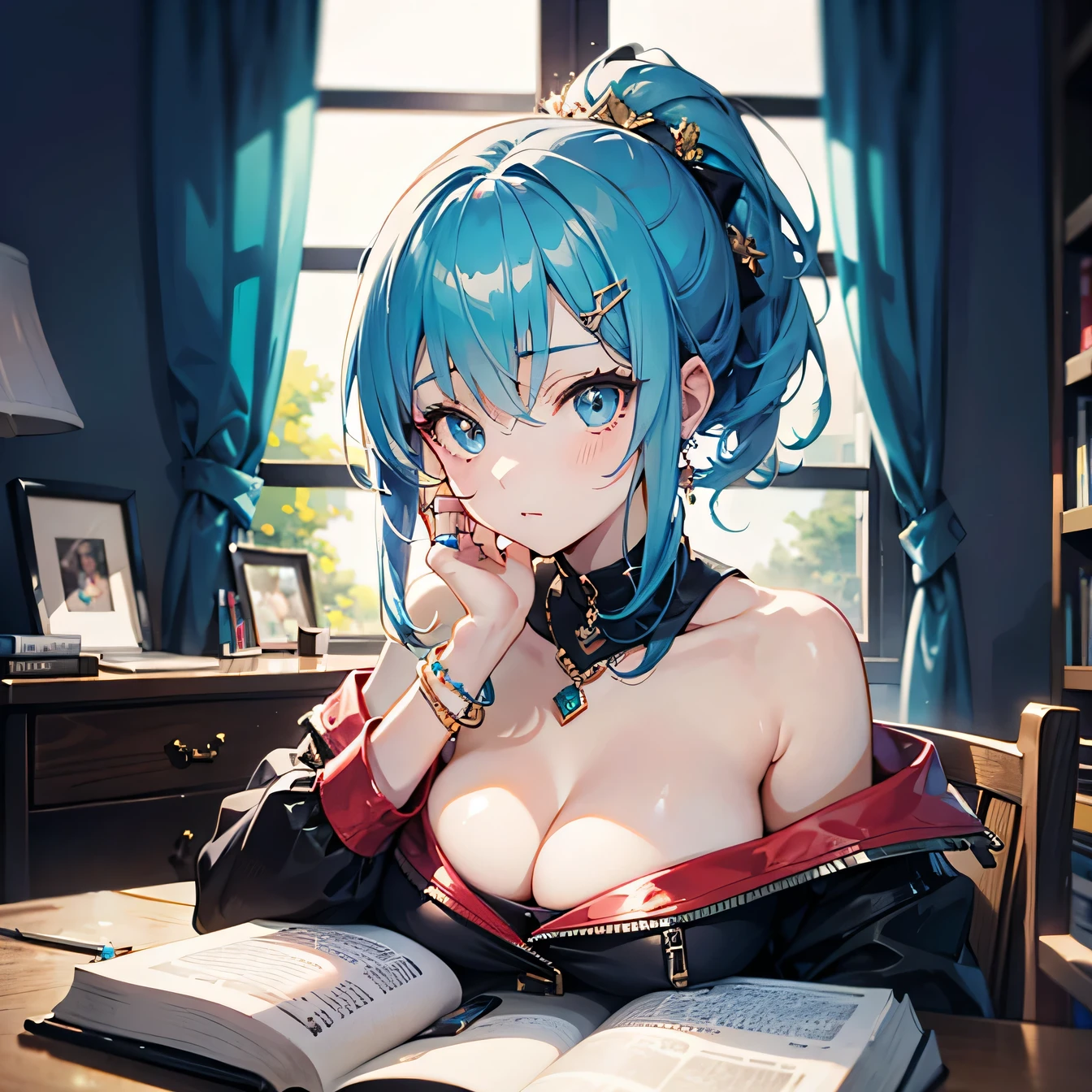 Anime Moe Art Style,highest quality,High resolution,Anatomically correct,One Girl,Mid-s,A girl with light blue hair in a ponytail,Super detailed,Fantasy-style world,off shoulder tops,mini skirt,Big Breasts,At my desk,Reading an open dictionary,He puts his fingers on his chin and thinks deeply.,Eyes drawn in detail,hair ornaments,necklace,bracelet,ring,8K