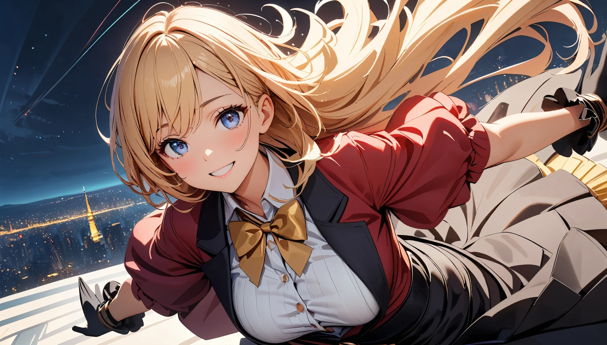 (high quality, 8k, 4K, High Contrast, masterpiece:1.2, 最high quality, Best aesthetics), 1 Female, Dancing, flight, Panorama, Vista, smile, Gazing Eyes, Beautiful detailed lips, Highly detailed eyes and face, shy, floating, Floating, Dynamic pose, figure, upper_body, Dynamic Angle, world masterpiece theater, Hair dancing in the wind, Ink Splash, wonderful, Cinema Lighting, lens_ Flare，