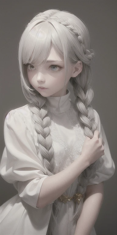 highest quality, masterpiece,Gray Hair, Golden Eyes,White clothes, look up, Upper Body,hair,Fair skin,Side braid