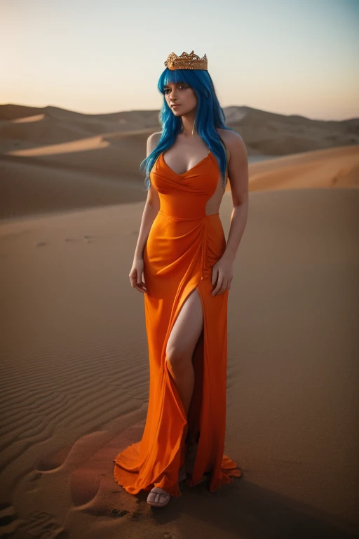 masterpiece, best quality, solo, 1girl, orange hair, blue hair, :D, orange dress, looking at viewer, outdoors, sand, sand dunes, huge castle, crown, standing, full body, cowboy shot, hands on hips,