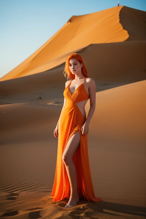 masterpiece, best quality, solo, 1girl, orange hair, blue hair, :D, orange dress, looking at viewer, outdoors, sand, sand dunes, huge castle, crown, standing, full body, cowboy shot, hands on hips,