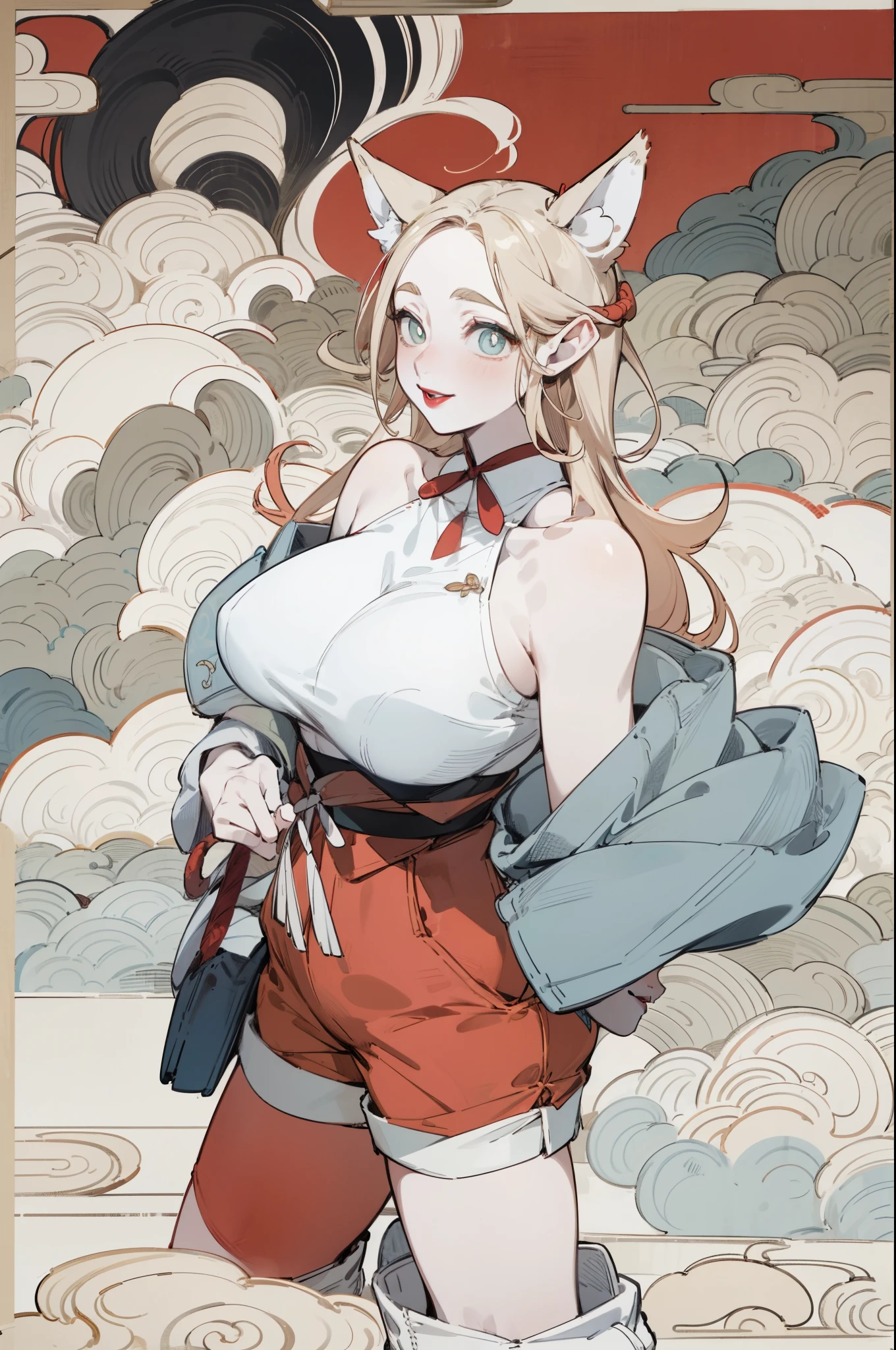 White skin, (Fox ears), Exquisite eyes,Red Eyeshadow, Red lips，White shorts,Fake laugh, Ukiyo-e, masterpiece, high quality, at the lowest limit, Tiny,White boots，Huge breasts，Exposing shoulders and belly button