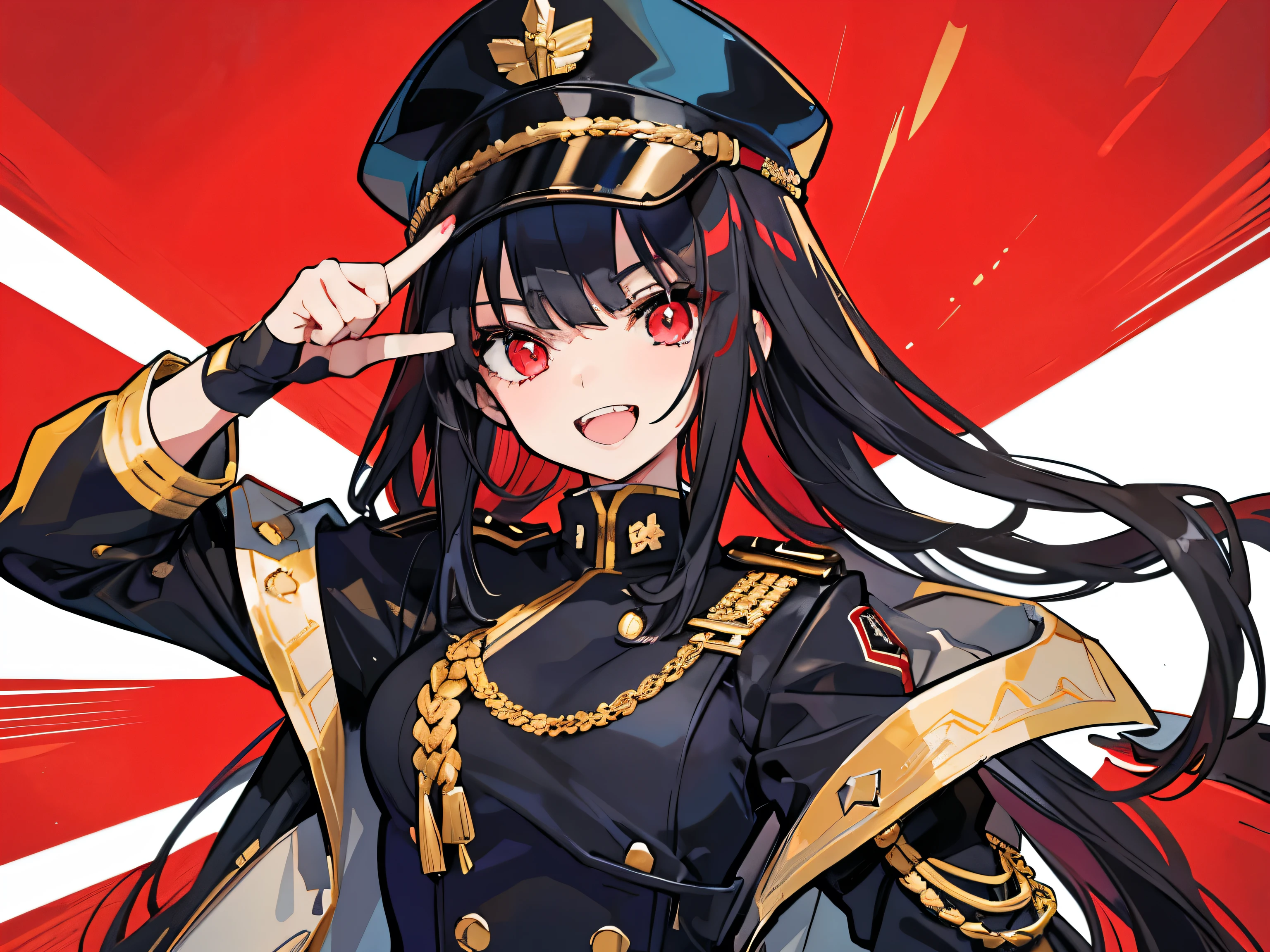 Military Strategist Girl/Flashy military cap/Long black hair/Red eyes/Point your hand at the camera/Mischievous smile/Double teeth/Luxurious and luxurious decoration