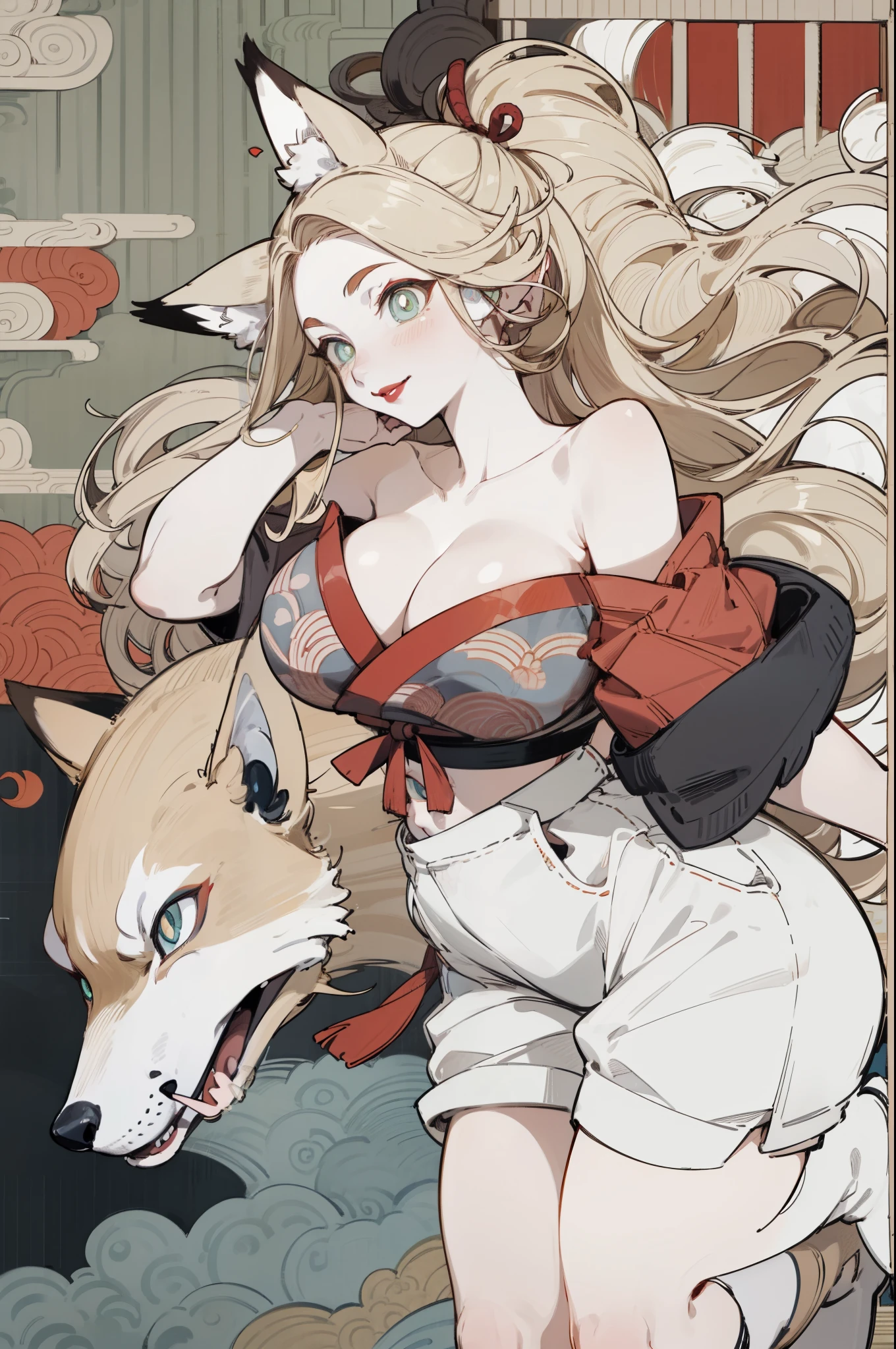 White skin, (Fox ears), Exquisite eyes,Red Eyeshadow, Red lips,White shorts,Fake laugh, Ukiyo-e, masterpiece, high quality, at the lowest limit, Tiny,White boots,Huge breasts,Bare shoulders